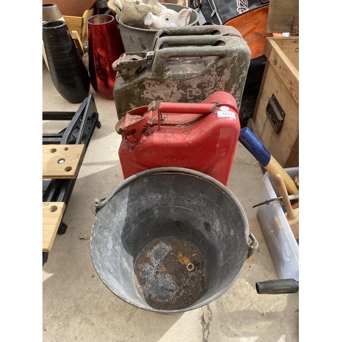 1670 - TWO VINTAGE PETROL JERRY CANS AND A GALVANISED BUCKET