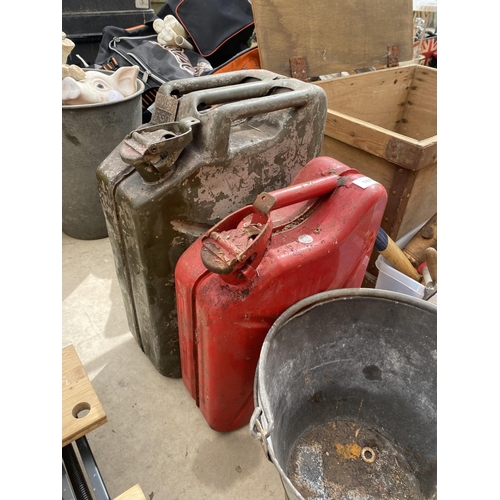 1670 - TWO VINTAGE PETROL JERRY CANS AND A GALVANISED BUCKET