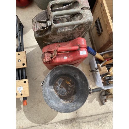 1670 - TWO VINTAGE PETROL JERRY CANS AND A GALVANISED BUCKET