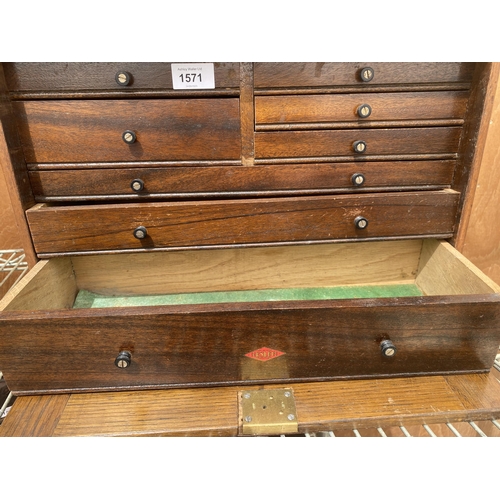 1571 - A VINTAGE WOODEN ENGINEERS CHEST WITH THREE LONG AND FIVE SHORT DRAWERS AND A DROP DOWN FRONT COMPLE... 