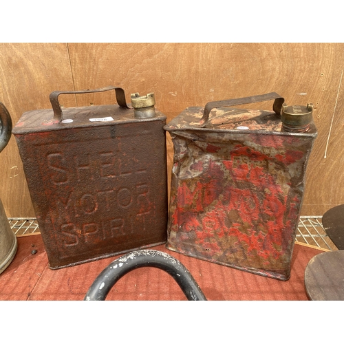 1576 - TWO VINTAGE FUEL CANS TO INCLUDE SHELL AND PRATTS BOTH WITH BRASS CAPS