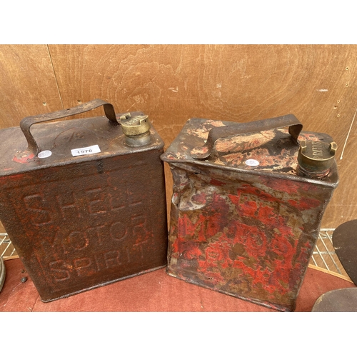 1576 - TWO VINTAGE FUEL CANS TO INCLUDE SHELL AND PRATTS BOTH WITH BRASS CAPS