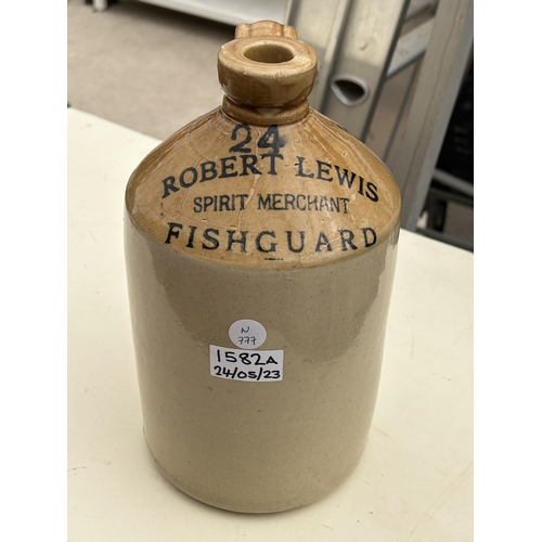 1582A - A VINTAGE ROBERT LEWIS FISHGUARD SPIRIT MERCHANT STONEWARE BOTTLE / FLAGON