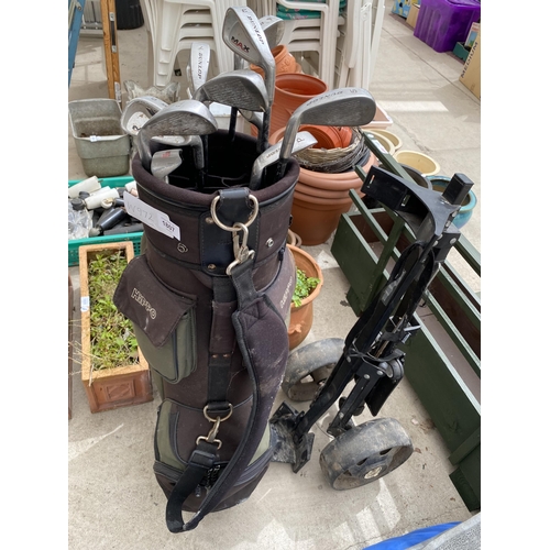 1807 - A HIPPO GOLF CLUB BAG, TROLLEY AND DUNLOP IRONS