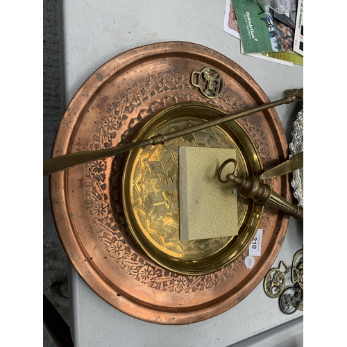 210 - A MIXED LOT VINTAGE BRASS AND COPPER, CLOCK AND TROPHIES