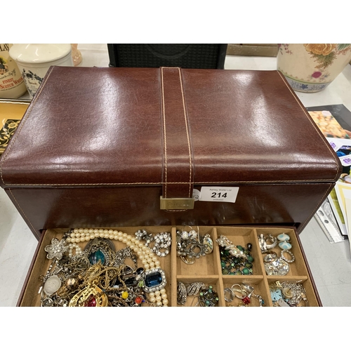 214 - A JEWELLERY BOX CONTAINING ASSORTED COSTUME JEWELLERY