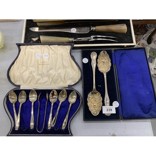 239 - FOUR CASED VINTAGE SILVER PLATED FLATWARE SETS, BERRY SPOONS, ARTHUR PRICE ETC