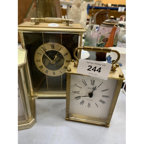 244 - THREE ASSORTED CARRIAGE CLOCKS, SEIKO ETC