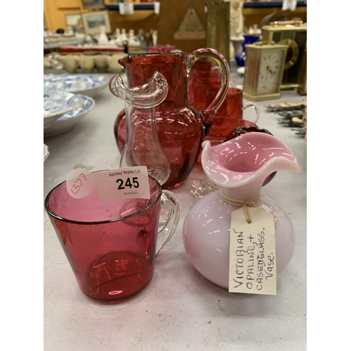 245 - A COLLECTION OF VINTAGE CRANBERRY GLASS, VICTORIAN OPALINE EXAMPLE ETC