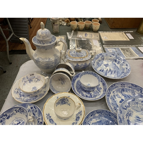 246 - A LARGE COLLECTION OF 19TH CENTURY BLUE AND WHITE TEA WARES, TEAPOT, CUPS, SAUCERS ETC