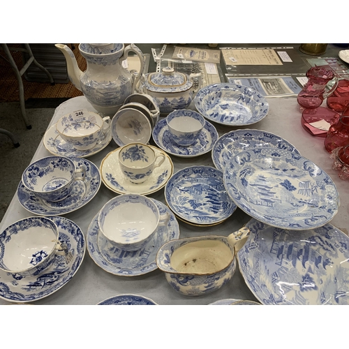 246 - A LARGE COLLECTION OF 19TH CENTURY BLUE AND WHITE TEA WARES, TEAPOT, CUPS, SAUCERS ETC