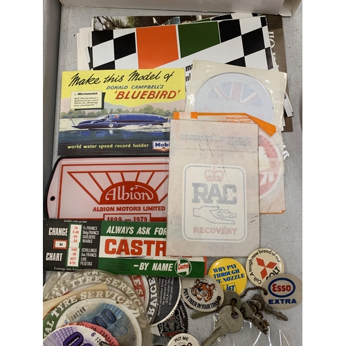 261 - A COLLECTION OF VINTAGE BADGES, CASTROL ETC