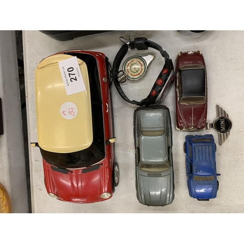 270 - A GROUP OF CAR TOYS, DIECAST EXAMPLES, MINI BADGE ETC