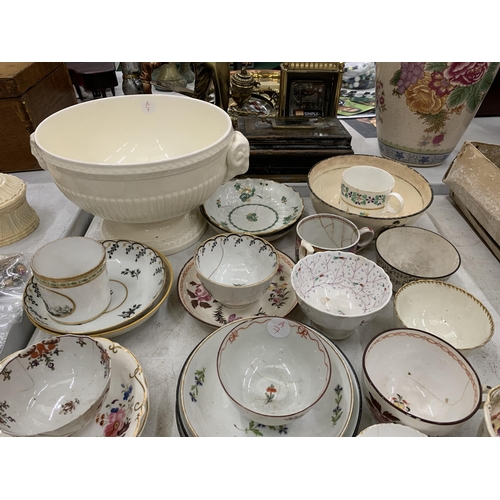 273 - A LARGE COLLECTION OF 19TH CENTURY PORCELAIN, TEA BOWLS, SAUCERS, WEDGWOOD CREAMWARE BOWL ETC