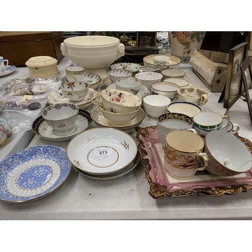 273 - A LARGE COLLECTION OF 19TH CENTURY PORCELAIN, TEA BOWLS, SAUCERS, WEDGWOOD CREAMWARE BOWL ETC