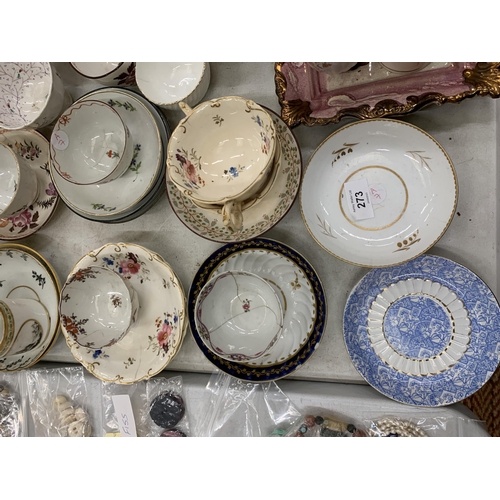 273 - A LARGE COLLECTION OF 19TH CENTURY PORCELAIN, TEA BOWLS, SAUCERS, WEDGWOOD CREAMWARE BOWL ETC