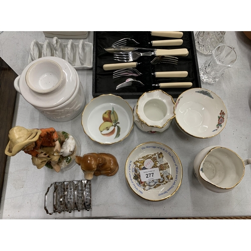 277 - A MIXED LOT OF ITEMS, CASED SILVER PLATED FLATWARE, CUT GLASS, DOG FIGURE, EPNS TOAST RACK ETC