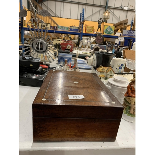 278 - AN ANTIQUE ROSEWOOD JEWELLERY BOX WITH MOTHER OF PEARL INLAY