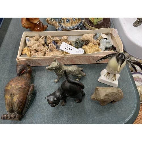 291 - A COLLECTION OF CERAMIC ANIMAL FIGURES, WADE WHIMSIES ETC