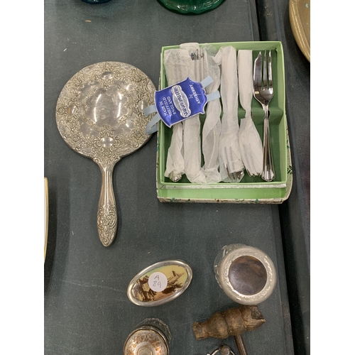 296 - A MIXED GROUP OF VINTAGE FLATWARE, CORKSCREW, SILVER PLATED MIRROR ETC