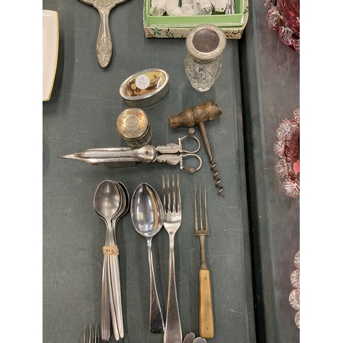 296 - A MIXED GROUP OF VINTAGE FLATWARE, CORKSCREW, SILVER PLATED MIRROR ETC