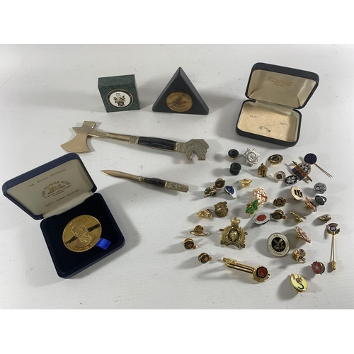 54 - * TWO BOYS BRIGADE MEDALS, UNIVERSITY OF SALFORD PAPERWEIGHTS, AXE AND KNIFE, COLLECTION OF ENAMEL B... 