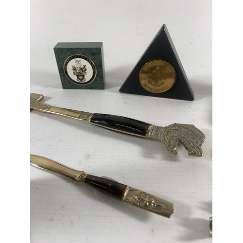 54 - * TWO BOYS BRIGADE MEDALS, UNIVERSITY OF SALFORD PAPERWEIGHTS, AXE AND KNIFE, COLLECTION OF ENAMEL B... 