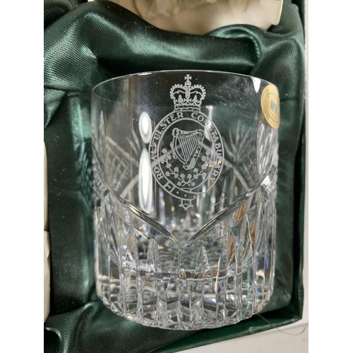 64 - * THREE BOXED ITEMS OF PRESENTATION GLASS, WHISKY GLASS FROM ISLE OF MAN POLICE, DECANTER FROM LANCA... 