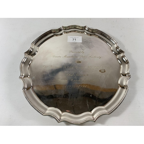 71 - * A HALLMARKED SILVER PRESENTATION TRAY, PRESENTED BY GREATER MANCHESTER POLICE AUTHORITY 1991, BIRM... 