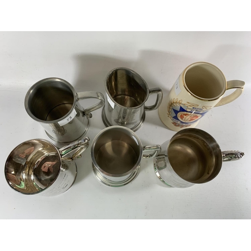 73 - * A COLLECTION OF SIX PRESENTATION MUGS TO INCLUDE SILVER PLATED, THREE PEWTER AND CERAMIC EXAMPLES