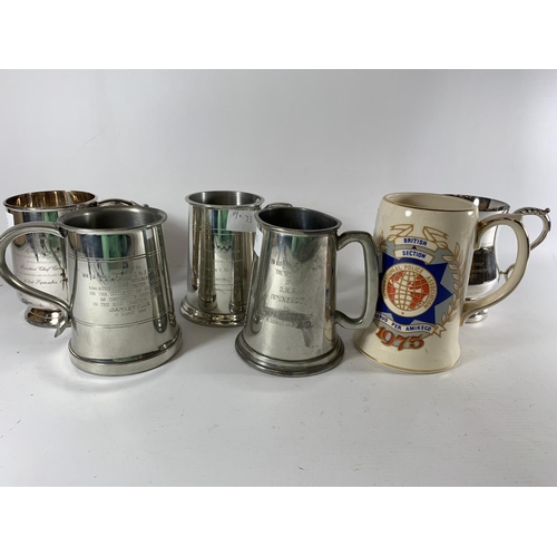 73 - * A COLLECTION OF SIX PRESENTATION MUGS TO INCLUDE SILVER PLATED, THREE PEWTER AND CERAMIC EXAMPLES