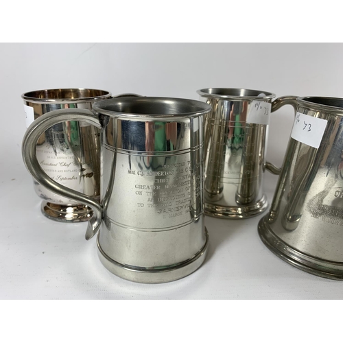 73 - * A COLLECTION OF SIX PRESENTATION MUGS TO INCLUDE SILVER PLATED, THREE PEWTER AND CERAMIC EXAMPLES