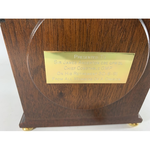 77 - * A PRESENTATION MANTLE CLOCK BY WM WIDDOP, HEIGHT 25CM, PRESENTED BY G.M.P A DIVISION 1991