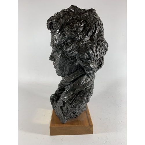 81 - * A PRESENTATION PAINTED PLASTER BUST OF LUDWIG VAN BEETHOVEN, MOUNTED ON WOODEN BASE, HEIGHT 35.5CM... 