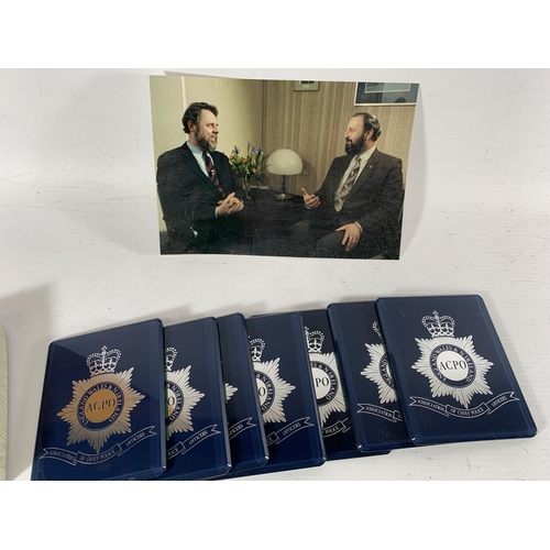 84 - * A BOX OF SEVEN ENGLAND AND WALES ACPO WINE COASTERS, PHOTOGRAPH OF JAMES ANDERTON WITH TERRY WAITE... 