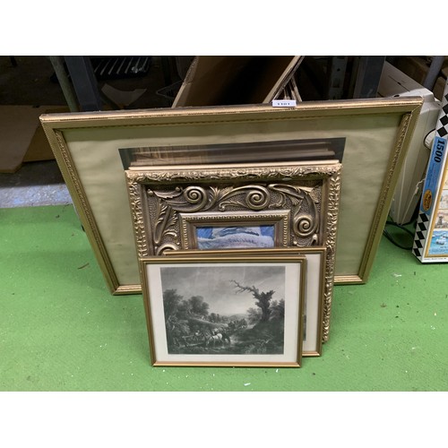 1101 - A GROUP OF FIVE FRAMED PRINTS TO INCLUDE GILT FRAMED VAN GOGH PRINT, CROSSING THE STREAM ENGRAVING E... 