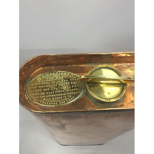 16 - A EARLY TO MID 20TH CENTURY COPPPER CAR FOOT WARMER WITH BRASS TOP AND INSTRUCTION PLAQUE