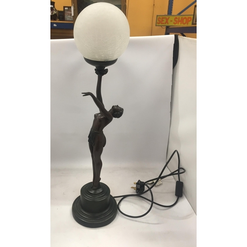 21 - A LARGE ART DECO DESIGN BRONZE NUDE LADY LAMP BASE WITH ORB GLASS SHADE