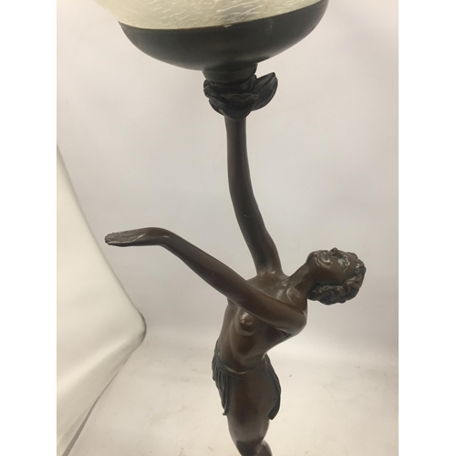 21 - A LARGE ART DECO DESIGN BRONZE NUDE LADY LAMP BASE WITH ORB GLASS SHADE