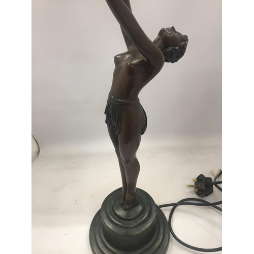 21 - A LARGE ART DECO DESIGN BRONZE NUDE LADY LAMP BASE WITH ORB GLASS SHADE