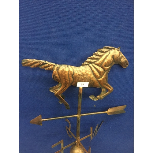 27 - A VINTAGE COPPER EFFECT METAL WEATHER VANE WITH HORSE DESIGN TOP