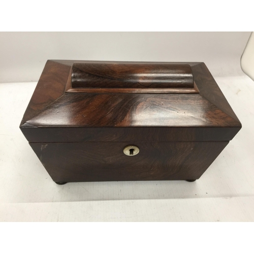 3 - A VICTORIAN MAHOGANY TEA CADDY WITH TWO INNER COMPARTMENTS