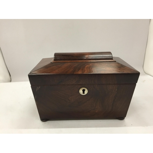 3 - A VICTORIAN MAHOGANY TEA CADDY WITH TWO INNER COMPARTMENTS