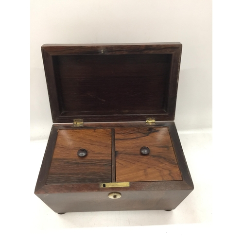 3 - A VICTORIAN MAHOGANY TEA CADDY WITH TWO INNER COMPARTMENTS