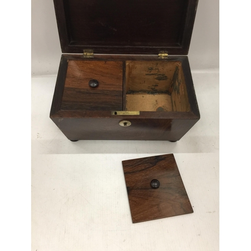 3 - A VICTORIAN MAHOGANY TEA CADDY WITH TWO INNER COMPARTMENTS