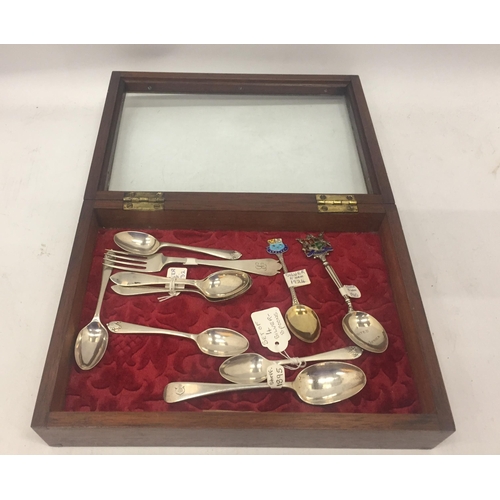 8 - A DISPLAY BOX CONTAINING ASSORTED HALLMARKED SILVER FLATWARE - SET OF FOUR, ENAMEL TOP EXAMPLES, VIC... 