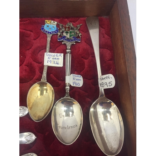 8 - A DISPLAY BOX CONTAINING ASSORTED HALLMARKED SILVER FLATWARE - SET OF FOUR, ENAMEL TOP EXAMPLES, VIC... 