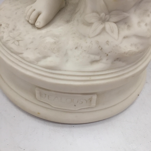 93 - TWO PARIAN WARE FIGURES, ONE OF A MOTHER HOLDING CHILDREN AND THE OTHER TITLED 'JEALOUSY'