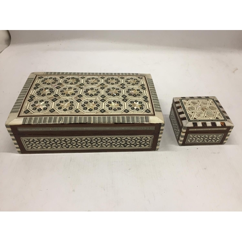 111 - A LARGE AND SMALL INDIAN STYLE BOX WITH MOTHER OF PEARL INLAY