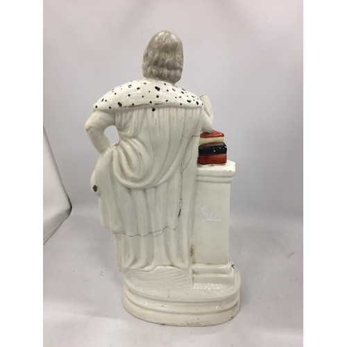 118 - A LARGE ANTIQUE STAFFORDSHIRE FIGURE OF SHAKESPEARE HEIGHT 47CM - A/F MISSING ONE ARM